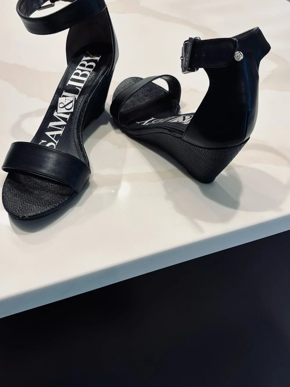 Sam & Libby Black Ankle-Strap Wedge Sandals